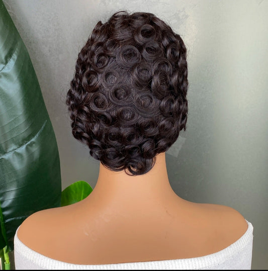 Back view of short black pixie curl wig