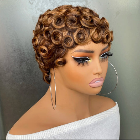 Side view of short Color 4/30 pixie curl wig